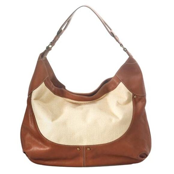 Cole Haan Paige Woven Canvas Brown Leather Bohemian Oversized Hobo Shoulder Bag - Picture 1 of 7